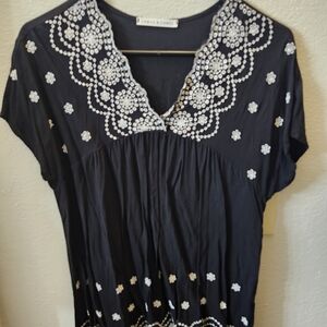 Chris & Carol Black Blouse with White Floral Accents
